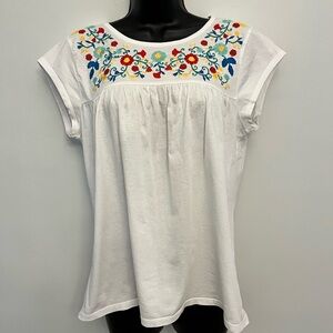 J. Crew Floral Embroidered Boho White Short Sleeve T-shirt, Size Medium